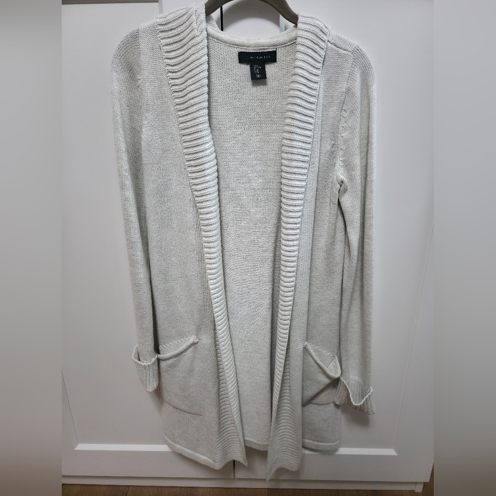 Tahari Heathered Light Grey/White Open Front Cardigan